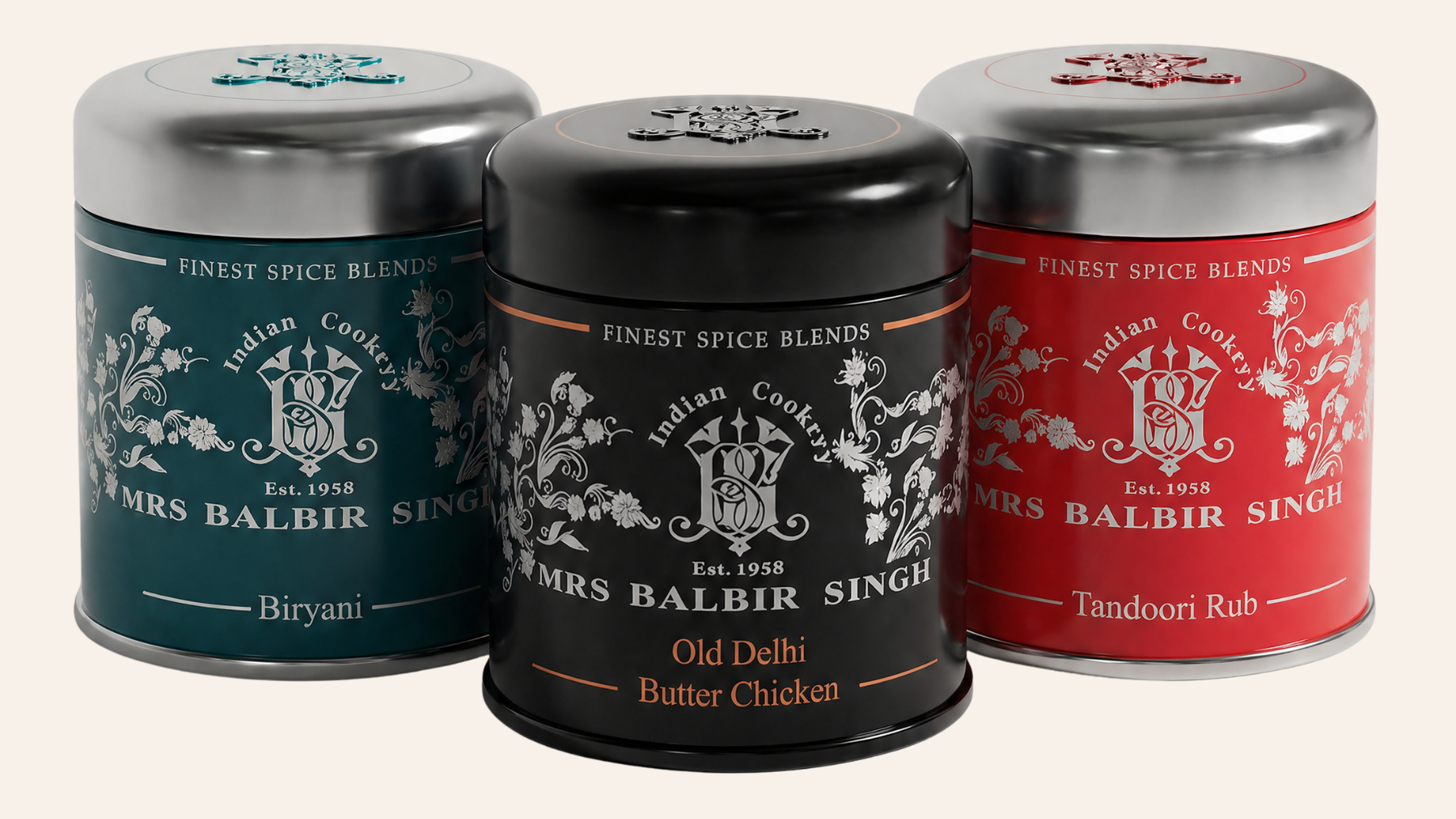The Mrs Balbir Singh range of spice-blend tins