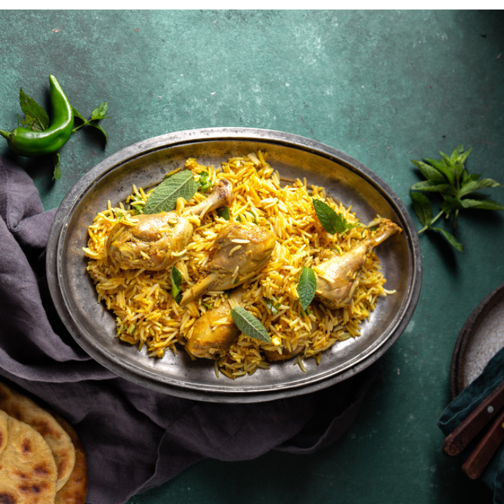 Chicken biryani on a pewter platter, teal ground