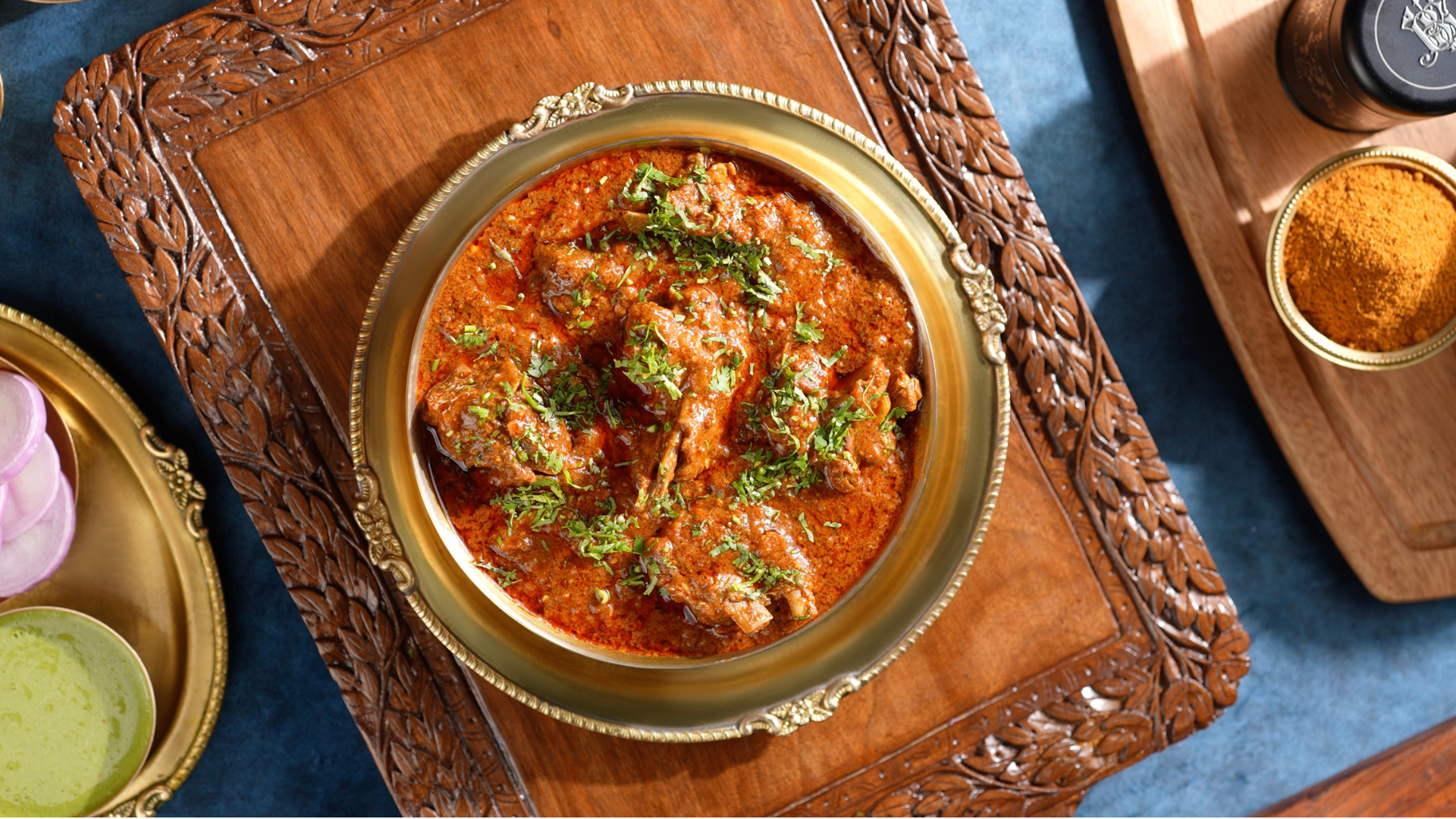 Gourmet Indian Rogan Josh curry made with Mrs. Balbir Singh’s award-winning spice blends and authentic 1961 recipe card.